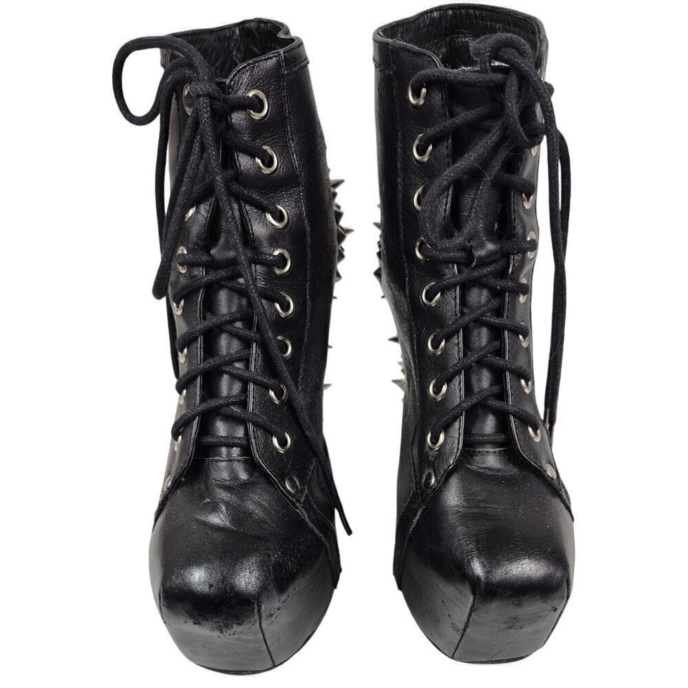 Spike Black Leather Silver Metal Spike Stud Platform Laceup Shoe Boots Sz 6.5 - Picture 10 of 16